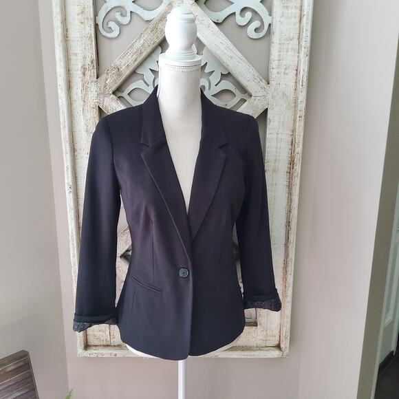 Kensie Women's 3/4 Sleeve Single Button Blazer Polka Dot Lining in Black - Picture 2 of 6